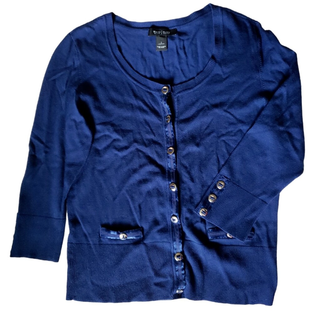 White House Black Market Small Navy Blue Cardigan with Ribbon Trim
